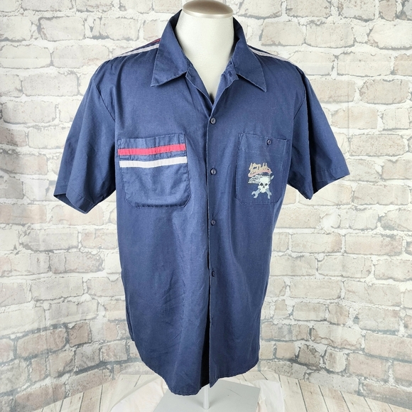 Vintage Y2K Von Dutch Mechanic Button Front Shirt Blue Skull Graphic Size XXL - Picture 1 of 16